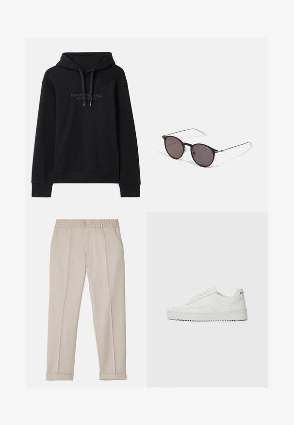 Juodas gobtuvėlis, pagamintas iš minkštos medžiagos, su stringsinio gobtuvu ir briaunotais rankovėmis. Išsiuvinėtas logotipas tamsiomis tonomis priekyje.; Filippa K TERRY CROPPED TROUSERS - Kelnės - sage melange; Balti odiniai sportiniai bateliai su lygia apdaila, apvaliu pirštu, plokščiais raišteliais ir tekstūruotu padu. Pasižymi subtiliu logotipu ant kulno.; Juodos apvalios saulės akinių su tamsiais lęšiais ir plonomis metalinėmis šakomis. Įtraukti skaidrūs šventyklų galai ir sidabriniai akcentai vyrio srityje. Minimalistinis dizainas.