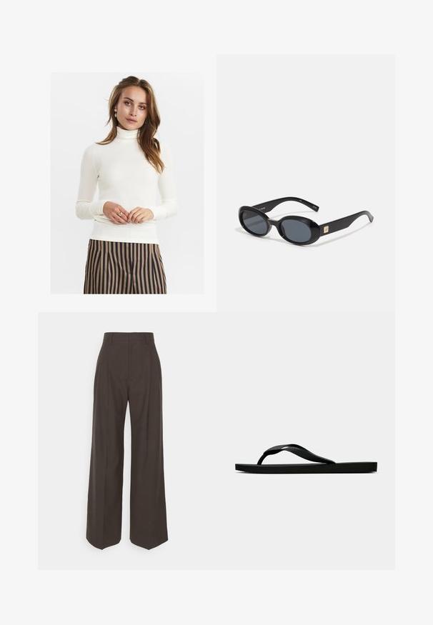 Fehér bordás hosszúujjú garbó, puha tapintású, nőies szabás. Barna és tengerészkék csíkozott nadrággal párosítva, amely visszafogott eleganciát sugall.; Fekete cropped top rövid ujjakkal, kerek nyakkivágással és sima textúrával, egyszerű dizájnnal, minta vagy díszítés nélkül.; Sötétbarna, bő szárú nadrág magas derékkal, tisztán vasalt redőkkel, sima textúrával és testhez simuló fazonnal.; Fekete gumipapucs, textúrált pánttal és egyszerű lapos talppal, oldalnézetből, világos háttér előtt.; Fekete, ovális napszemüveg sötét lencsékkel, fényes műanyag kerettel, széles szárakkal és egy apró arany díszítéssel az egyik oldalon.; Fekete vászontáska, amelyen mindkét oldalon fehér "SAM SøE" felirat található. Téglalap alakú, erős fogantyúkkal és matt felülettel.