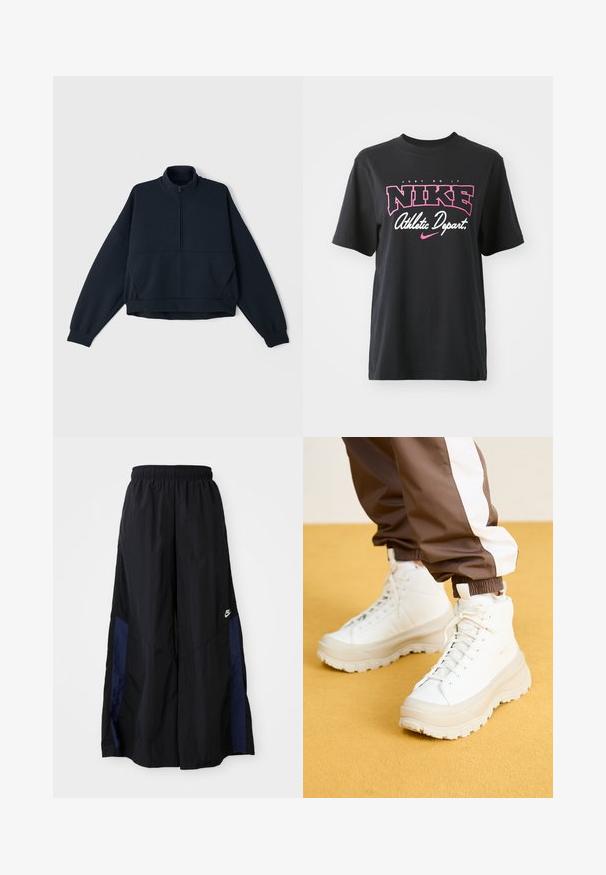 Mornarji pulover s vysokim ovratnikom, polovičnim zadrgo spredaj in spuščenimi rameni. Mehak, teksturiran material z elastičnimi manšetami in robom.; Črna bombažna majica s kratkimi rokavi, ki vključuje grafični potisk v roza in beli barvi ter besedilo "JUST DO IT," "NIKE," in "Athletic Depart." Standardna prileganje.; Črne široke hlače iz lahkega materiala, z morsko modrim stranskim panelom in elastičnim pasom. Majhna bela oznaka na dnu.; Bele visoke teniske z masivnim, teksturiranim podplatom, z gladkim zgornjim delom, okroglim prstom in toniranimi vezalkami, postavljene na rumeno ozadje.