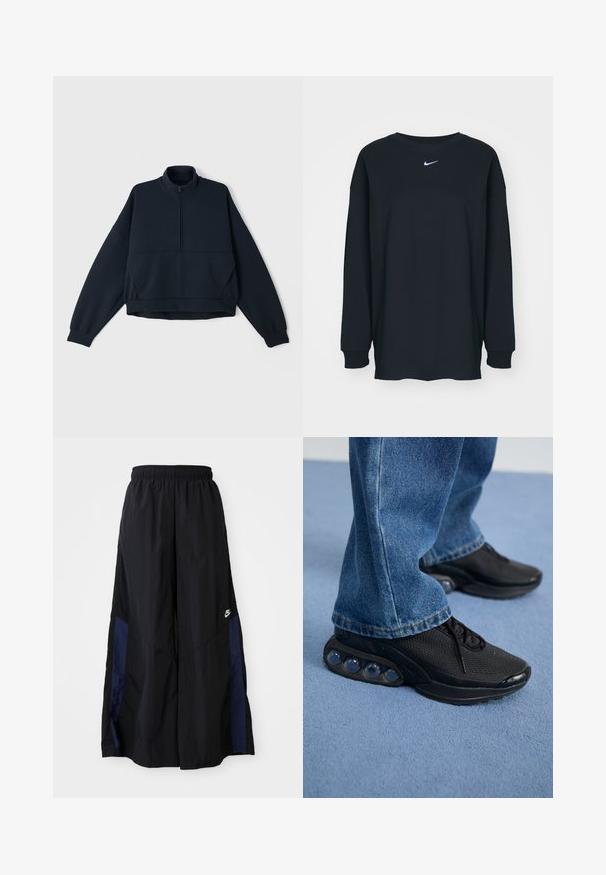Jūras spēku pulovera svārki ar augstu apkakli, pusi rāvējslēdzēja priekšpusē un noliktām pleciem. Mīksts, teksturēts audums ar elastīgām aprocēm un apakšmalu.; Melnas garajām piedurknēm T-krekls no kokvilnas ar apaļu kakla izgriezumu. Uz krūtīm ir balts Nike logo. Mīksta tekstūra, vienkāršs dizains.; Melni plata kāju bikses no viegla auduma, ar tumši zilu sānu paneli un elastīgu jostu. Mazs balts logotips apakšā.; Melnas sporta kedas ar sietu augšdaļu, teksturētām akcentiem un redzamajām gaisa amortizācijas podiem zolei. Valkātas ar zilu džinsu biksēm.