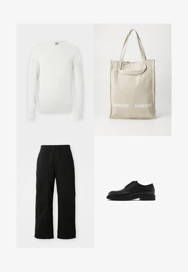 Weißer, gerippter Strickpullover mit rundem Ausschnitt, langen Ärmeln und kleinem Logopatch auf der Brust. Weiche Textur und figurbetonte Silhouette.; Beige-weißer Karobluse mit hellblauen Akzenten. Lange Ärmel, durchgehende Knopfleiste und eine Brusttasche. Aus Baumwollmaterial.; Schwarze Baumwollhosen mit einem elastischen Bund, weitem Beinansatz und großen Seitentaschen. Der Stoff wirkt weich mit einer glatten Textur.; Schwarze Lederschuhe mit strukturiertem Finish, runder Spitze, fünf Ösen für Schnürsenkel und einer stabilen schwarzen Sohle. Einfaches, gerades Design.; Leichte, beigefarbene Canvas-Tasche mit doppelten Griffen, die auf der Vorderseite das in Weiß gedruckte "SAMSOE"-Logo trägt. Rechteckige Form mit simplem Design.
