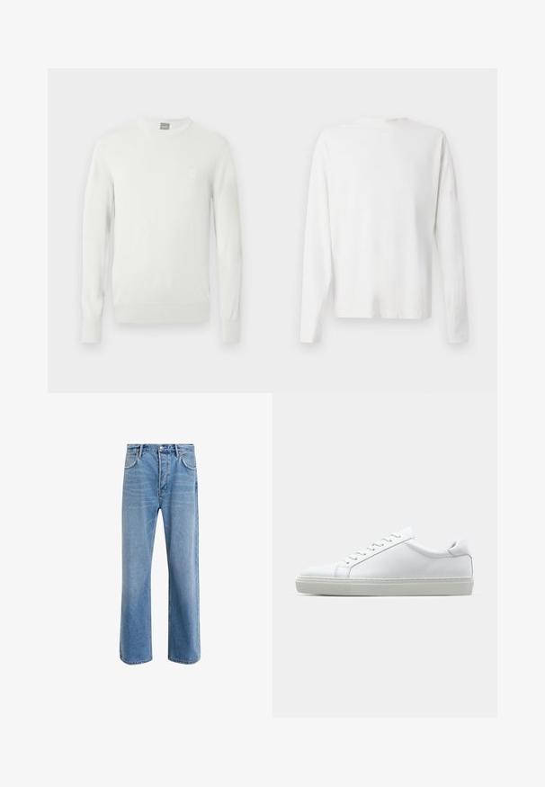 Maglione bianco a coste con collo rotondo, maniche lunghe e una piccola toppa con logo sul petto. Tessuto morbido e silhouette aderente.; Camicia bianca in cotone a maniche lunghe con scollatura rotonda, spacchi laterali in fondo e una texture liscia, mostrata da dietro.; Jeans in denim blu chiaro con design a gamba dritta, cinque tasche, chiusura con bottone, leggero sbiadimento e dettagli di cucitura a contrasto.; Sneaker bianco con tomaia in pelle liscia e profilo basso. Presenta una punta arrotondata, sei occhielli e una suola in gomma testurizzata.
