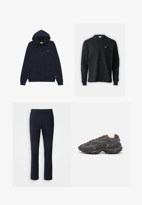 Tmavomodrá bavlnená mikina s kapucňou, sťahovacou šnúrkou, predným vreckom a malým bielym logom "II" na hrudi. Žebrované manžety a lem.; Čierne tričko s dlhým rukávom vyrobené z bavlny, s okrúhlym výstrihom a malým zeleným vyšívaným logom krokodíla na ľavej hrudi.; Námornícke modré nohavice vyrobené z hladkej tkaniny, s rovnými nohavicami, pútkami na opasok a zapínaním na gombík s zipsom.; Lacoste tenisky v tmavo sivej farbe z nylonu a syntetického materiálu, s textúrovanou podrážkou a hnedými akcentami na golieri a brandingu.