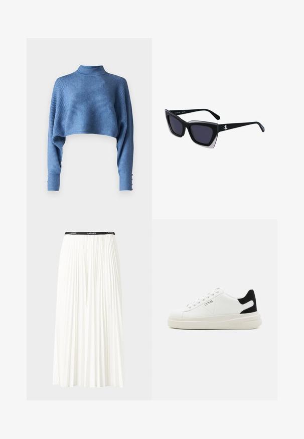 Skrajšan moder pulover z ovratnikom, rebrasto teksturo in dolgimi rokavi, ki imajo gumbne detajle na manšetah.; Gubasta bela krila z črnim elastičnim pasom, ki nosi logotip "LACOSTE". Srednje dolga zasnova z mehkobo tkanine.; Bele usnjene športne copate z debelim belim podplatom, črnimi semišnimi detajli na peti in utisnjenim logotipom na strani. Zavezovanje s šestimi luknjicami.; Črne prevelike sončne očala geometrijske oblike, z temnimi lečami in kontrastno sivo podrobnostjo na okvirju. Logo na ročaju.