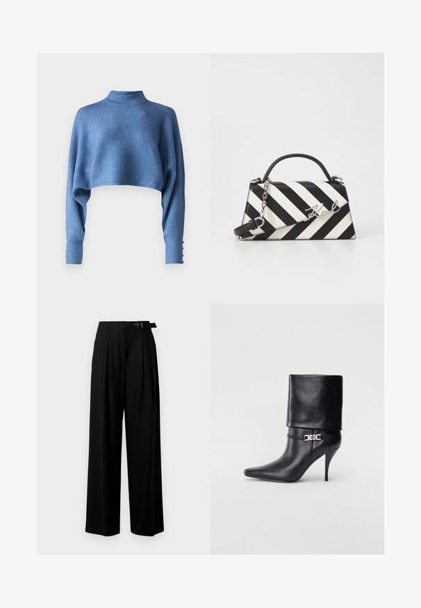 Κοντοκομμένος μπλε σουέντ με ψεύτικο λαιμό, ραβδωτή υφή και μακριά μανίκια με κουμπιά στους καρπούς.; Μαύρο παντελόνι με φαρδιά πόδια και ψηλή μέση, πτυχές μπροστά και ζώνη με αγκράφα. Κατασκευασμένο από μαλακό, ελαφρύ ύφασμα.; Μαύρη δερμάτινη μπότες έως τον αστράγαλο με μυτερή μύτη, ψηλό στιλέτο τακούνι, διπλωμένη πατούσα και χρυσή διακοσμητική αγκράφα στον αστράγαλο.; Μαύρη και λευκή ριγέ τσάντα χειρός με δομημένο σχήμα, που διαθέτει επάνω λαβή, αποσπώμενη αλυσίδα και μεταλλικό λογότυπο.