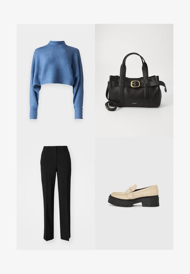 Maglione blu a pezzi con colletto alto, tessuto a coste e maniche lunghe con dettagli di bottoni sui polsini.; Pantaloni neri su misura con un design a gamba dritta, caratterizzati da una texture liscia e pieghe ben definite sul davanti. Senza hardware visibile.; Mocassini in pelle beige con suola nera spessa, caratterizzati da una fibbia decorativa e dettagli di cucitura sulla parte anteriore. Vista laterale.; Borsa a mano in pelle nera con un design strutturato, doppie maniglie superiori, accentuazione in metallo dorato e logo del marchio in rilievo sul davanti.
