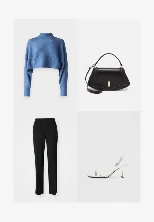 Cropped blue sweater with a mock neck, ribbed texture, and long sleeves featuring button accents at the cuffs.; Black tailored trousers with a straight-leg design, featuring a smooth texture and crisp creases along the front. No visible hardware.; Silver patent leather slingback high heel sandal with a narrow toe strap, adjustable buckle, and a slender heel.; Black leather handbag with a structured design, featuring a cropped shape, top handle, and gold hardware accent. Adjustable shoulder strap included.
