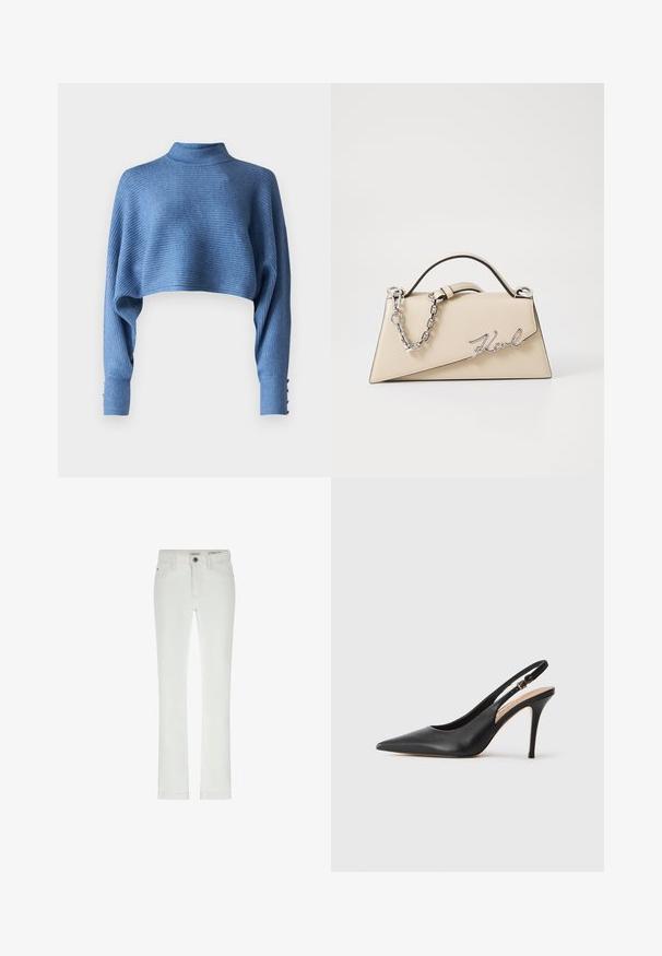 Trumpas mėlynas megztinis su apykakle, grublėtu paviršiumi ir ilgomis rankovėmis, kurių rankogaliuose yra sagų akcentai.; Balti džinsai su siauru siluetu, 5 kišenėmis ir kontrastingomis siūlėmis. Yra sagos uždarymas ir subtilus prekės ženklas ant liemens.; Juoda odinė slingback aukštakulnė batai su smailiu pirštu, glotnia tekstūra ir delikatia juosta su metaline sagtimi.; Bežinė odinė rankinė su struktūrine trikampio forma, turinti sidabrinę grandinėlę ir metalinį bajorišką logotipą.