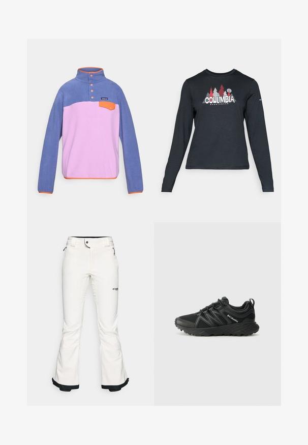 Fleeceový pulovr s vysokým límcem, s modrou horní částí, růžovou dolní částí, oranžovými akcenty, třemi knoflíky a malou přední kapsou.; Tmavě šedá dlouhá košile s grafikou červených stromů a hor; logo "COLUMBIA" v tučném bílém písmu. Měkká tkanina, standardní kulatý výstřih.; Bílé lyžařské kalhoty vyrobené z měkkého, pružného materiálu. Mají dobře padnoucí pas, široké rozšířené nohavice a černé lemy na manžetách. Viditelné logo značky.; Columbia PEAKFREAK - Trekingové boty - black