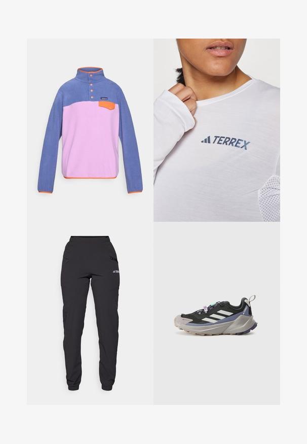 Fleece-pullover med høy krage, med blå overdel, rosa underdel, oransje detaljer, tre knapper og en liten frontlomme.; Hvit langermet skjorte med en blå "TERREX"-logo. Stoffet er lett med teksturerte mesh-detaljer på skuldrene.; Svart vanntette bukser med elastisk midje, glidelåslommer på sidene, avsmalnende ben og ribbede mansjetter ved anklene. Har logo-detaljer.; Svart atletisk sko med Gore-Tex-overdel, hvite striper, lilla detaljer, tykk grå mellomsåle og teksturert grå yttersåle for grep.