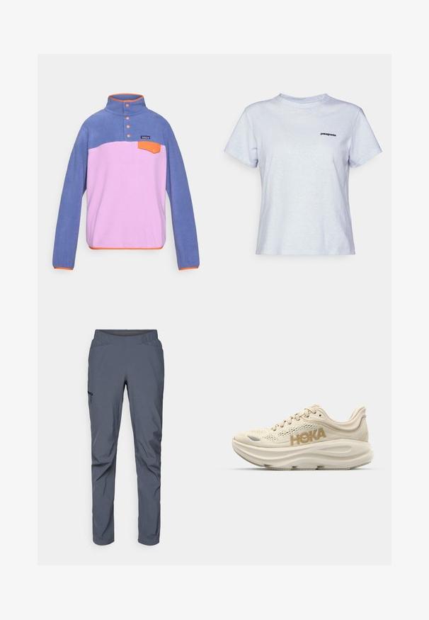 Pulover iz flisa z visokim ovratnikom, s modrim zgornjim delom, rožnatim spodnjim delom, oranžnimi detajli, tremi gumbi in majhnim sprednjim žepom.; Svjetloplava pamučna majica s kratkim rukavima, okruglim izrezom i malim crnim logom s natpisom "patagonia" na lijevoj strani prsnog koša.; Sive hlače za športne aktivnosti z elastičnim pasom, dvema sprednjima žepoma in žepom z zadrgo na strani. Gladka tekstura in zožen kroj.; Svetlo bež tekaški čevelj z mrežastim zgornjim delom, oblazinjeno ovratnikom, istrig prihajajoče "HOKA" v zlati barvi ter debelim, oblazinjeno podplatom za udobje.