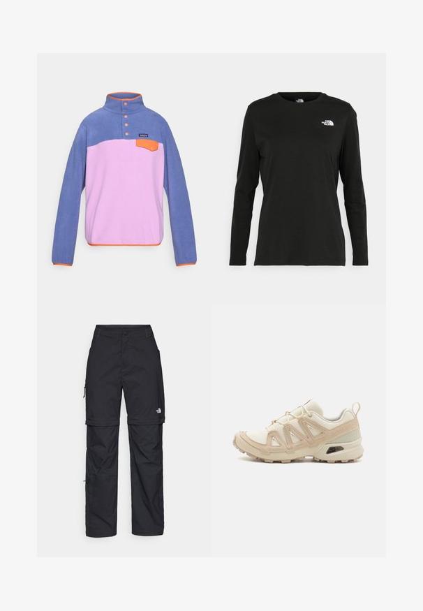 Fleeces džemperis ar augstu kaklu, ar zilu augšdaļu, rozā apakšdaļu, oranžiem akcents, trim pogām un mazu priekšu kabatu.; Melnas garām piedurknēm T-krekls, izgatavots no kokvilnas ar apaļu kaklu. Tam ir mazs balts logo kreisajā krūtīs. Vienkāršs dizains un piegulums.; Melni nailona bikses ar noņemamām kājām, regulējamiem uzmavām, vairākām kabatām un logotipu uz labās kājas. Gluda, viegla tekstūra.; Beige un krēma sporta apavi ar strukturētu tīkla virsmu, atbalstošajiem slāņiem un gumijas zoli ar protektoru rakstu, kas nodrošina saķeri.