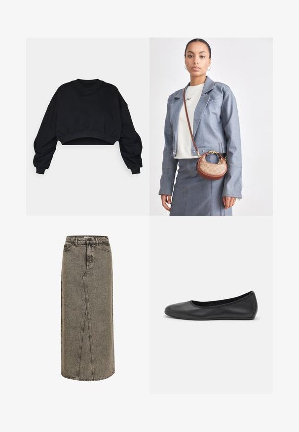 Černá zkrácená mikina s dlouhými, objemnými rukávy a kulatým výstřihem. Vyrobena z měkkého bavlněného materiálu, s řasenými manžetami a lemem.; Denim maxi sukně ve vybledlé černé barvě se střihovým provedením do přímého tvaru, viditelným prošitím a předním rozparkem. Obsahuje standardní pas a poutka na opasek.; Černé kožené baletní byty s kulatou špičkou, hladkou texturou, minimálními švy a flexibilním designem podrážky.; Malá hnědá a béžová kabelka s klasickým vzorem loga, zlatými kovovými prvky a zakřiveným tvarem, kombinovaná s džínovou bundou a sukní.