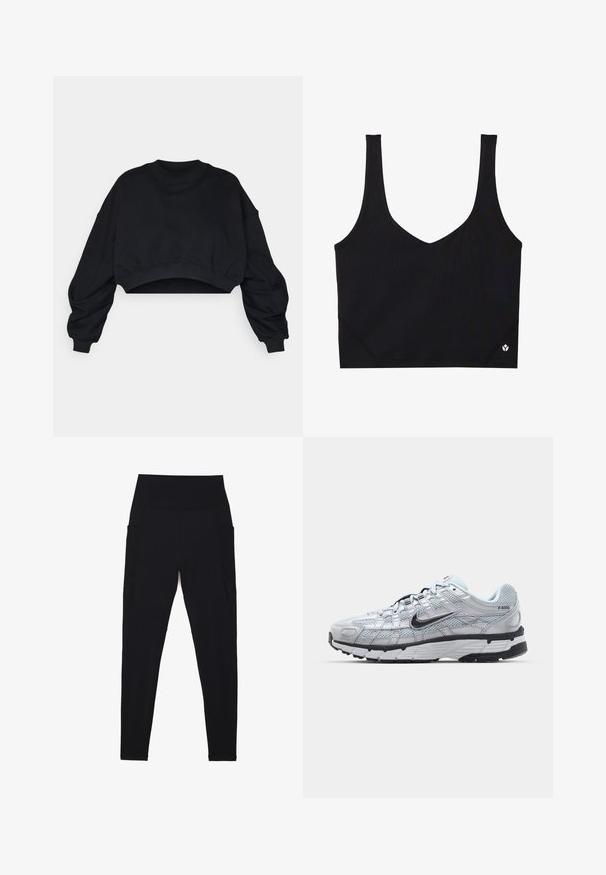 Must have mustarileheline must cropitud dressipluus, millel on pikad, mahukad varrukad ja ümar kaelus. Valmistatud pehmest puuvillamaterjalist, millel on soonikkoes varrukaotsad ja äär.; Mustmust mustriba laia, V-kaeluse disainiga, tekstureeritud kanga ja logo detailiga hemil. Sile viimistlus, minimalistlik stiil.; Mustad mustad retuusid venivast kangast, millel on kõrge ribaga vöökoht. Omab küljetaskuid ja sujuvat disaini mugavuse tagamiseks.; Nike P-6000 tenniset heleda halli võrgust pealteega, mustade aktsentidega ja vastupidava musta kummist tallaga. Omab keerukat disaini ja paeltesüsteemi.