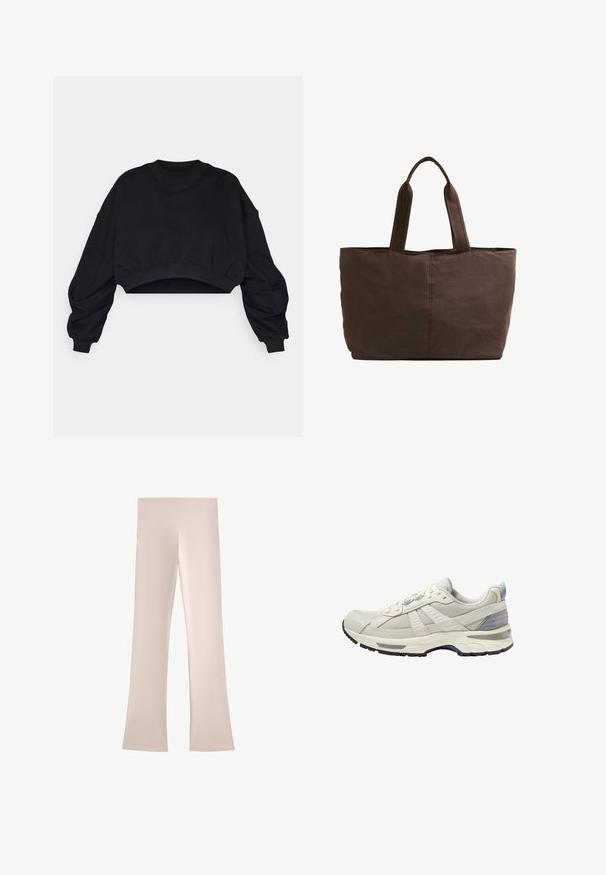 Čierny skrátený sveter s dlhými, objemnými rukávmi a okrúhlym výstrihom. Vyrobený z mäkkého bavlneného materiálu, so zúženými manžetami a lemom.; Svetlo béžové rozšírené nohavice s širokým, hladkým pásom. Vyrobené z mäkkej, elastickej tkaniny, s čistým, minimalistickým dizajnom.; Béžová športová obuv s textúrovaným sieťovinovým zvrškom a hladkými akcentmi. Má odpruženú podrážku, spevnenú špičku a čiernu gumovú podrážku.; Hnedá látková taška s dvoma pevných uchami, obdĺžnikový tvar, minimálne švy a hladká textúra.