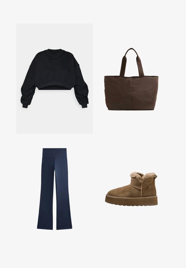 Czarny, krótki sweatshirt z długimi, obszernymi rękawami i okrągłym dekoltem. Wykonany z miękkiego materiału bawełnianego, z prążkowanymi mankietami i dołem.; Granatowe spódnice dzwony wykonane z elastycznego materiału; mają wysoki, szeroki pas i gładką fakturę, bez wzorów czy widocznych elementów hardware.; Brązowe zamszowe botki za kostkę z futrzanym wnętrzem, okrągłym noskiem i grubą platformą; mają przeszywaną szew i uchwyt z tyłu.; Brązowa torba materiałowa z dwoma mocnymi uchwytami, prostokątny kształt, minimalne detale w szyciu i gładka tekstura.