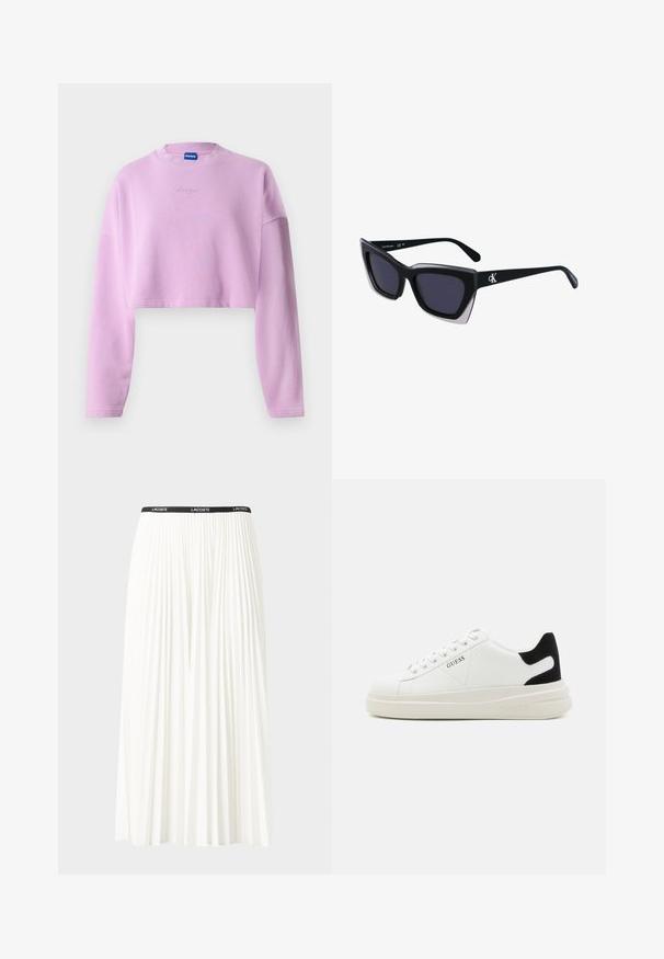 Lys lilla kortermet genser med lange ermer, ribbestrikket halslinning og brodert logo på forsiden. Laget av mykt, strukturert stoff.; Plissert hvit skjørt med en svart elastisk midje som har "LACOSTE"-logoen. Midjelengde design med myk tekstur.; Hvite lær sneakers med tykk hvit såle, svart semsket hælforsterkning og preget logo på siden. Snøresystem med seks hull.; Store svarte solbriller i overdimensjonert størrelse med geometrisk form, med mørke linser og en kontrasterende grå detalj på rammen. Logo på armen.