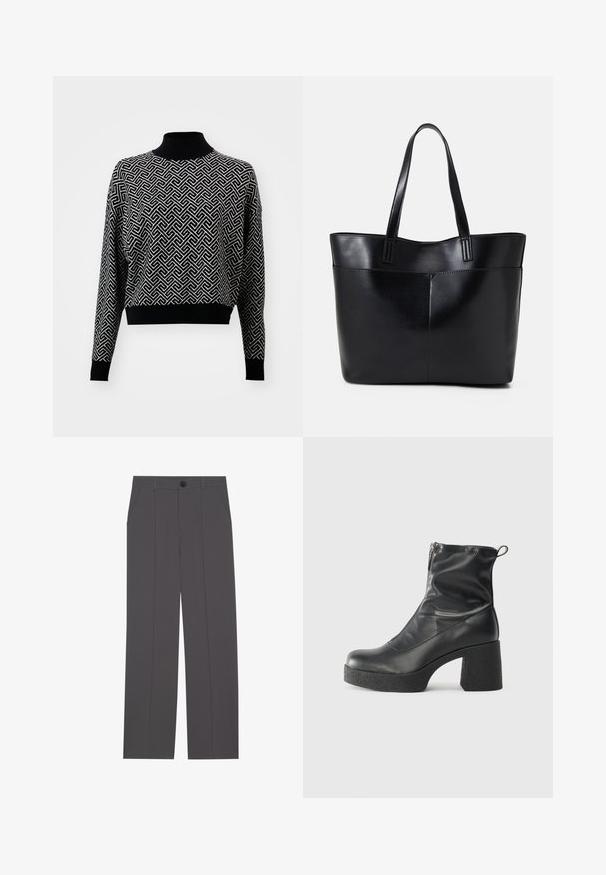 Vero Moda VMARIA ART BATWING HIGHNECK - Πουλόβερ - black/birch; Γκρι παντελόνι με ευθεία γραμμή, διαθέτοντας δύο πλαϊνές τσέπες και κλείσιμο με κουμπί. Απαλή ύφανση χωρίς ορατά σχέδια ή λεπτομέρειες.; Μαύρες μποτές μέχρι τον αστράγαλο από λείο δέρμα, με πλευρικό φερμουάρ, χοντρό υφασμάτινο τακούνι και στρογγυλή μύτη.; Μαύρη δερμάτινη τσάντα tote με δύο μακριούς ιμάντες, λεία υφή και δομημένο σχήμα. Διαθέτει μπροστινή τσέπη για επιπλέον αποθήκευση.