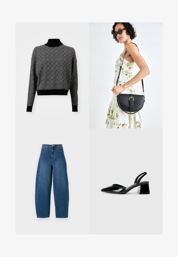 Vero Moda VMARIA ART BATWING HIGHNECK - Džemperis - black/birch; Denim bikses vidējā zilā krāsā ar augstu jostasvietu, platām kājām un standarta piecu kabatu dizainu ar redzamām šuvju detaļām.; Melna lakota āda ar atvērto papēdi, ar smailu purngalu un ģeometrisku blokpapēdi. Iezīmējas elegants, minimāls dizains un gluda tekstūra.; Melnas ādas rokassoma ar izliekta formu, noņemamu siksnu un zelta aksesuāriem. Somai ir vāciņš ar sprādzes detaļu.