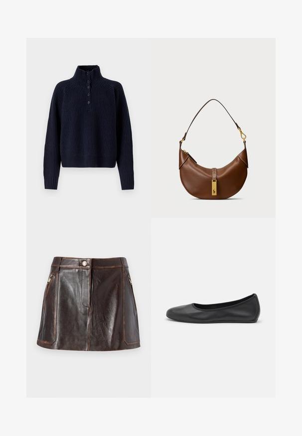 Filippa K BUTTONED COLLAR - Jumper - navy; Brown leather mini skirt featuring a sleek design, two zippered side pockets, and contrasting stitching along the edges.; Black leather ballet flat with a rounded toe, smooth texture, minimal stitching detail, and a flexible sole design.; Brown leather shoulder bag with curved shape, gold hardware, top clasp detail, and a logo accent. Smooth texture with stitched edges.