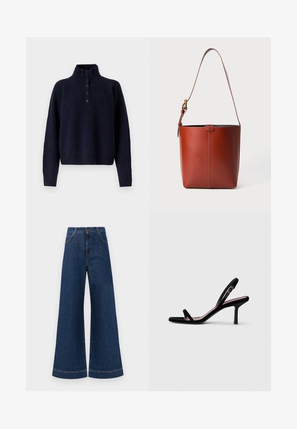 Filippa K BUTTONED COLLAR - Jumper - navy; Wide-leg blue denim jeans with a high waist, featuring a button closure, belt loops, and subtle stitching details along the pockets and hems.; Black suede women's high-heeled sandal with slim straps and a gold buckle on a white background, side view.; Brown leather bucket bag with adjustable shoulder strap and gold-tone buckle, simple vertical seam detail on front.
