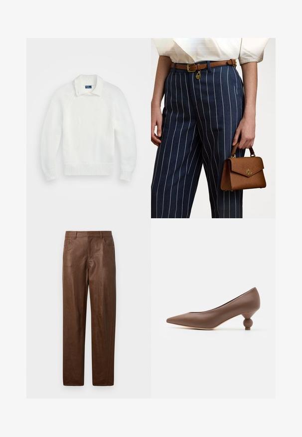 Biały sweter dzianinowy z ściągaczem na dole i przy mankietach, z złożonym kołnierzem i rękawami raglanowymi, wykonany z miękkiej, strukturalnej tkaniny.; Biała, długowiedziałowa koszula z guzikami, wykonana z bawełny. Posiada klasyczny kołnierzyk, siedem guzików oraz subtelne logo haftowane na piersi.; Brązowe skórzane spodnie o gładkiej fakturze, z prostym krojem nogawki i dwoma bocznymi kieszeniami. Posiada widoczne detale szwów.; Brązowy skórzany czółenek o spiczastym nosku z unikalnym zaokrąglonym obcasem. Gładka tekstura, elegancki design i minimalistyczne detale.; Brązowa torebka teksturowana z złotymi akcentami, trzymana obok granatowych spodni w paski z białymi pionowymi liniami. Prosty, strukturalny design.