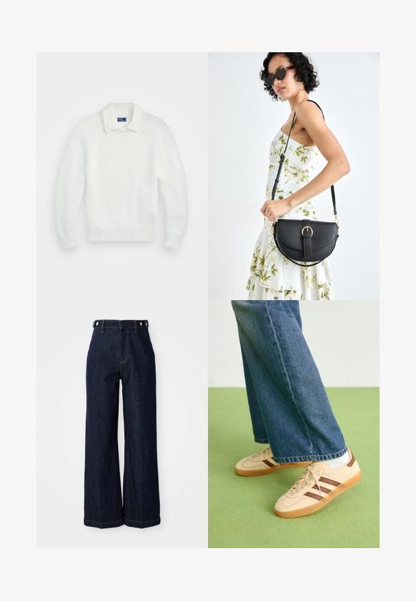 White knitted sweater with a ribbed hem and cuffs, featuring a folded collar and raglan sleeves, made from soft, textured fabric.; Dark blue wide-leg jeans made from denim, featuring a high waist, five-pocket design, and contrasting orange stitching.; Beige sneakers with textured cream panels and brown stripes, paired with blue denim jeans. The jeans have a wide leg and frayed hem.; Black leather handbag with a curved shape, detachable strap, and gold hardware. The bag features a flap with a buckle detail.