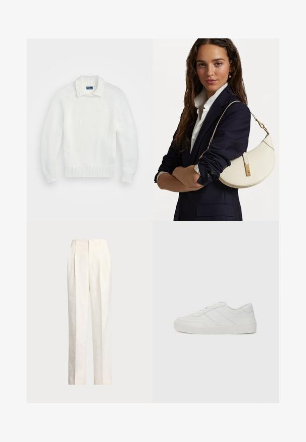 Sweater branco tricotado com bainha e punhos canelados, apresentando um colarinho dobrado e mangas raglan, feito de um tecido macio e texturizado.; Polo Ralph Lauren HEMP WIDE LEG PANT - Calças - nevis; Sapatilha de couro branco com atacadores planos, bico arredondado e detalhes de costura subtis. Apresenta uma sola texturizada e um logótipo da marca em relevo no calcanhar.; Bolsa de mão de couro branco com forma curva, material dourado e acabamento texturizado, usada sobre um blazer escuro e uma camisa branca.