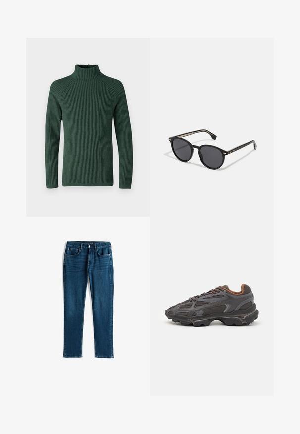 DRYKORN ARVID - Jumper - green; Dark blue denim jeans, straight leg design, five-pocket style, with subtle whiskering and contrast stitching, metallic button and zipper closure.; Lacoste sneakers in dark gray with mesh and synthetic material, featuring a textured sole and brown accents on the collar and branding.; BOSS Sunglasses - black