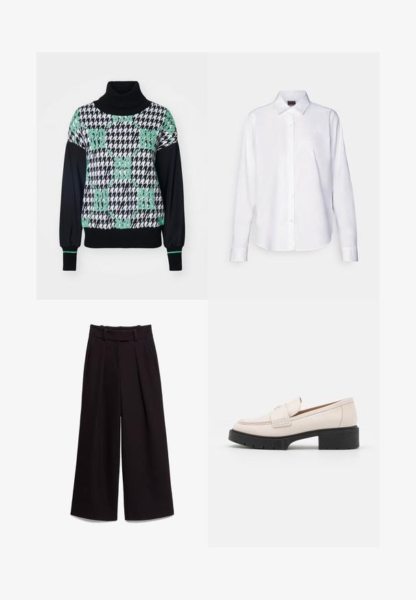 Black and white houndstooth patterned sweater with a high neck, featuring vibrant green accents and ribbed cuffs. Materials seem soft and knitted.; White long-sleeve button-up shirt made of cotton. Features a classic collar and subtle branded embroidery on the chest. Smooth texture.; Black wide-leg trousers made of smooth fabric, featuring a high waist, belt loops, and two front pockets. Pleated design adds texture.; Light beige leather loafers with a stitched front and a textured black platform heel. Features a curved design and a slight elevation.