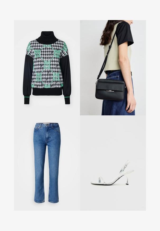 Black and white houndstooth patterned sweater with a high neck, featuring vibrant green accents and ribbed cuffs. Materials seem soft and knitted.; Blue denim jeans with a straight-leg cut, featuring a classic five-pocket design, orange stitching, and a button fly closure.; Silver patent leather slingback high heel sandal with a narrow toe strap, adjustable buckle, and a slender heel.; Calvin Klein LINEAR CAMERA BAG - Cross body bag - black