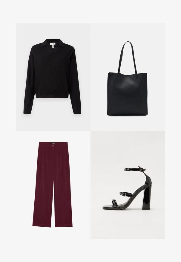 Zwarte pullovertrui met een v-hals en kraag, lange mouwen, geribde manchetten en een cropped zoom. Gemaakt van gebreide stof met een gladde textuur.; Bordeaux brede broek met een gladde textuur, voorzien van een sluiting met een knoop aan de voorkant en twee plooien aan elke kant.; Zwarte gepatenteerde sandalen met hak en een vierkante neus, enkelbandjes en zilveren gespen. Heeft een stevige blokhak voor stabiliteit.; Zwarte leren handtas met een gladde textuur, rechthoekige vorm en twee lange handvaten. Geen zichtbare hardware of versieringen.