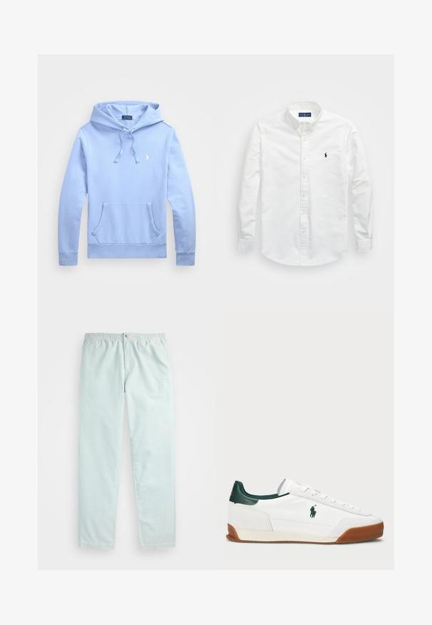 Lyseblå hette-genser laget av bomull, med en fremre kengurulomme og en liten brodert logo på brystet. Glatt tekstur.; Hvit skjorte med knapper laget av bomull. Har spiss krage, lange ermer og en liten marineblå logo på brystet. Glatt tekstur.; Lyseblå, avslappede bukser med elastisk linning, med sidelommer og en enkelt knappelukking foran.; Hvite sneakers med grønne lærdetaljer og en tan gummisåle. Har en stoffoverdel og en fremtredende logo på siden. Snøring.