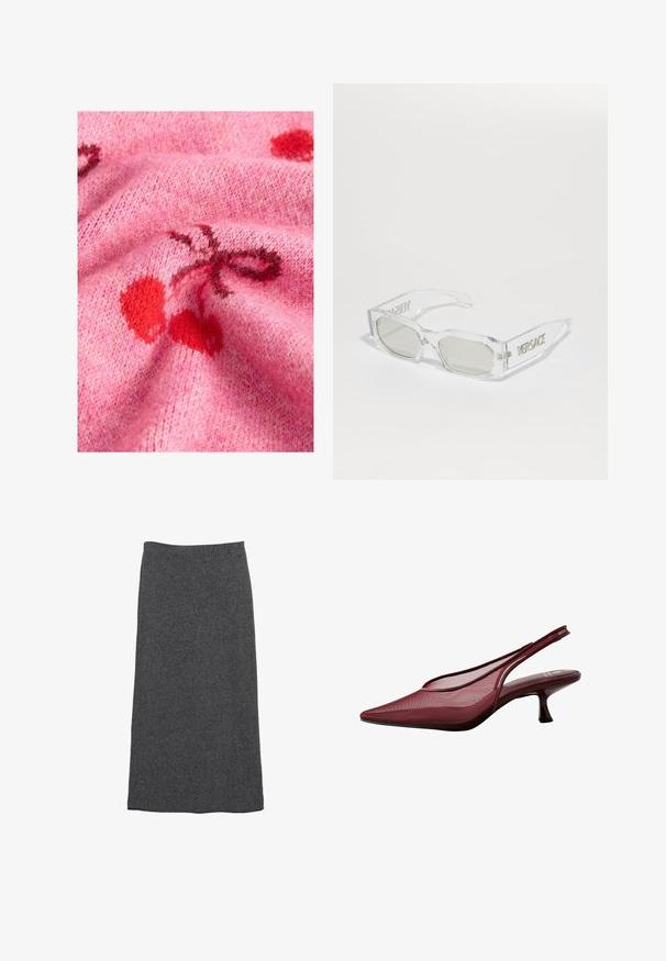 Stickad rosa tröjtyg med en mjuk textur, som har röda körsbärsmönster och mörkare accenter. Bakgrunden har ett mjukt, purrigt utseende.; Grå ull maxikjol med rak skärning och elastisk midja, med en mjuk textur och en slät yta. Inga synliga mönster eller detaljer.; Burgundy slingback-pumps med spetsig tå och överdel i mesh. Har en smal klack och skärmdesign som ger en elegant silhuett.; Klart plastsolglasögon med grå linser, rektangulär form, präglad "Versace"-logotyp på skalmarna, som visar en modern design.