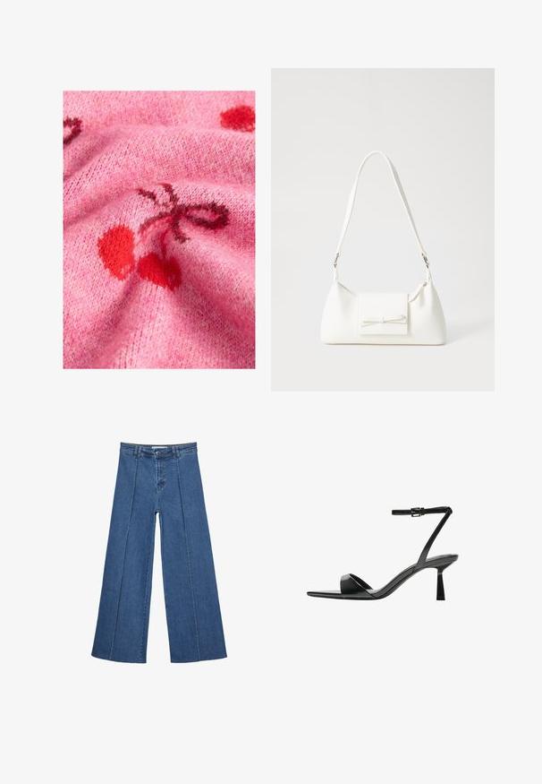Tessuto di maglione lavorato a maglia rosa con una texture morbida, caratterizzato da motivi di ciliegie rosse e accenti più scuri. Lo sfondo presenta un aspetto morbido e peloso.; Jeans in denim a gamba larga di blu medio, con vita alta, chiusura con bottone e dettagli delle cuciture verticali a contrasto lungo la parte anteriore.; Bershka Sandali con tacco - black; Borsa sintetica bianca a forma triangolare, con patta anteriore piatta e dettaglio a fiocco, tracolla regolabile, texture liscia e design minimalista.