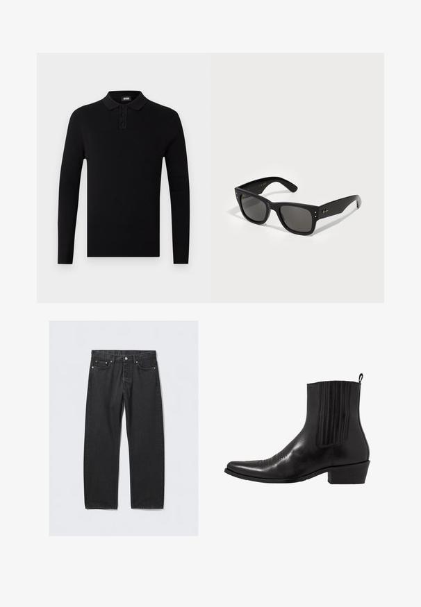 Camisa polo de manga larga negra con textura acanalada, tapeta de tres botones y un cuello suave. Diseño simple y versátil.; Jeans de mezclilla negra con un corte recto, que cuentan con una bragueta de botones, cinco bolsillos y acentos de hardware en tono cobre. Textura suave.; Bota de cuero negro hasta el tobillo con punta afilada, paneles laterales elásticos, acentos de costura vertical y un tacón bajo y cuadrado.; Gafas de sol negras con montura cuadrada, con lentes oscuros. Decoradas con pequeños puntos dorados y un logotipo dorado en la patilla. Textura suave.