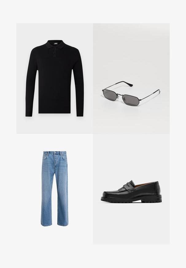 Musta pitkähihainen poolopaita, jossa on ribbikuvio, kolmipainikepullotus ja pehmeä kaulus. Yksinkertainen ja monikäyttöinen muotoilu.; Vaaleansiniset farkut suoranlahkeisella muotoilulla, viisi taskua, nappisuljenta, vähäinen kuluminen ja kontrastiväriset ompeluyksityiskohdat.; Mustat nahka loafit sisältävät kohoavan sauman, kaksi koristeellista nauhaa yläosassa ja paksun teksturoidun pohjan parempaa pitoa varten.; Musta kuusikulmainen aurinkolasit ohuella metallikehyksellä ja tummilla linsseillä, makaa valkoisella pinnalla.