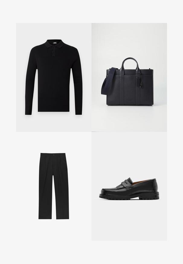 Schwarzes Langarm-Polohemd mit gerippter Textur, Drei-Knopf-Leiste und weichem Kragen. Einfaches und vielseitiges Design.; Schwarze Hose mit geradem Schnitt, aus einem glatten Stoff gefertigt. Verfügt über Vorderfalten und einen einzelnen Knopfverschluss an der Taille.; Schwarze Lederloafer verfügen über eine erhöhte Naht, zwei dekorative Riemen im oberen Bereich und eine dicke, strukturierte Sohle für zusätzlichen Halt.; Dunkelblaues Lederaktentasche mit doppelten oberen Griffen und einem abnehmbaren Gurt. Merkmale sind die strukturierte Oberfläche, vertikale Nähte und das Logo-Detail.