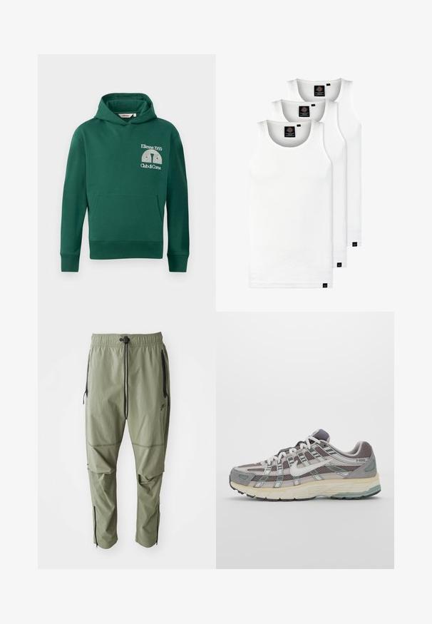 Grøn hættejakke lavet af en bomuldsblanding, med en frontkangaroo lomme og broderet logo med teksten "Ellesse 1959" og "Club di Corsa".; Tre hvide ribbede tanktops lavet af bomuld. Har en rund hals og små sorte mærker nær sømmen. Fås i flere størrelser.; Grønne letvægtsbukser lavet af struktureret stof. Funktionen inkluderer elastisk talje med snoretræk, lynlåslommer på siden og lynlåse ved anklerne.; Grå sportssko med overdel i mesh og ruskind, hvide accenter, en polstret sål og et særpræget design med reflekterende elementer.