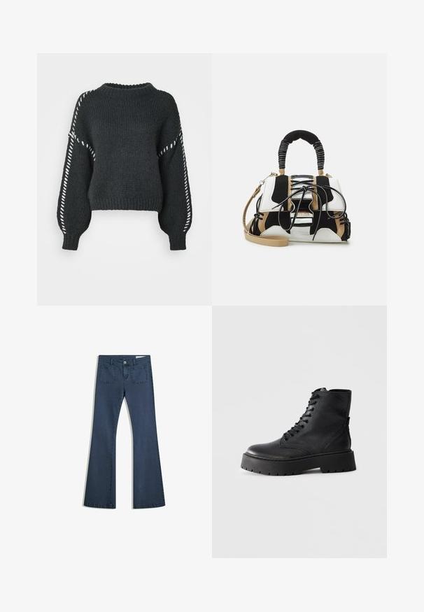 Vero Moda VMFENG O NECK - Trui - asphalt; Donkerblauwe flare jeans van denim met gestikte zakken, een knoopsluiting en een soepele textuur. Beschikt over een klassieke vijfzakkenontwerp.; Zwarte leren gevechtslaars met een dikke profielzool en vetersluiting, weergegeven in zijaanzicht op een witte achtergrond.; Multikleuren handtas met zwart, wit en beige gaas. Voorzien van een textuur handle, vetersluiting en een afneembare schouderband.