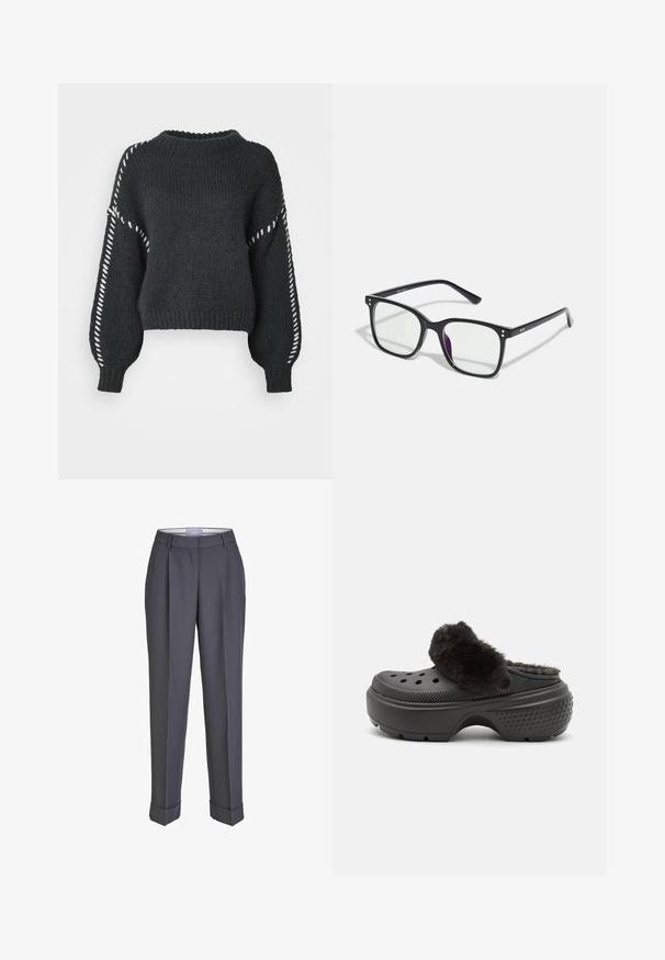 Vero Moda VMFENG O NECK - Džemper - asphalt; Tumedhalli kohandatud püksid sirge jala disainiga, volditud esiosa ja keeratud ääristega. Valmistatud siledast kangast, klassikalise vöökoha kujundusega.; Mustad mustad, millel on pehme ja fliisjas ülemine riba, esiosas on perforatsioonid ja tekstureeritud konts haardeks. Kerge ja mugav jalga libistada.; Mustad mustad klaasid selgete läätsedega, millel on kuldsed aksessuaarid raamil ja kergelt lilla varjund ühel läätsel.; Bordoo nahast käekott kuldse klambriga, struktureeritud kuju, pealne käepide ja reguleeritav õlapael. Mudel kannab teksajakki.