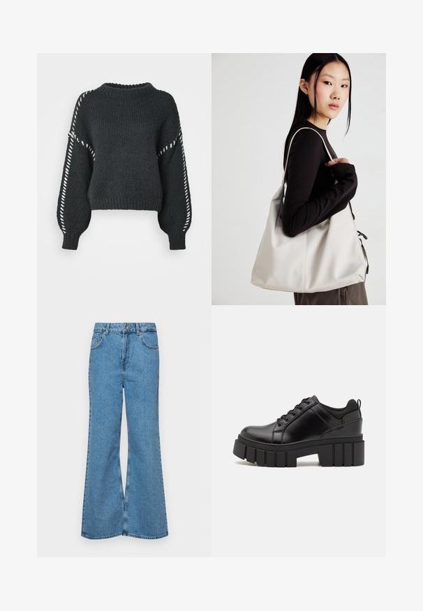 Vero Moda VMFENG O NECK - Jumper - asphalt; Light blue flared jeans made of denim, featuring a high waist, five pockets, and a single button closure. Soft texture with faded finish.; Black leather platform shoes with a chunky block heel, round toe, and traditional lace-up design. Features smooth texture and minimal detailing.; Beige handbag made of soft material, featuring a slouchy design, stitched detailing, and two shoulder straps. Suitable for everyday use.