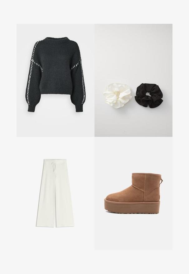 Vero Moda VMFENG O NECK - Trui - asphalt; Wijduitlopende, witte broek van zachte gebreide stof, met een elastische band en een trekkoord voor een verstelbare pasvorm. Gladde textuur, zonder patronen.; Tan suède enkellaars met een platformzool, ronde neus en stiksels; heeft een trekband aan de achterkant voor gemakkelijke instap.; Twee satijnen scrunchies, één wit en één zwart, met een gerimpeld ontwerp en een gladde textuur, weergegeven tegen een effen witte achtergrond.
