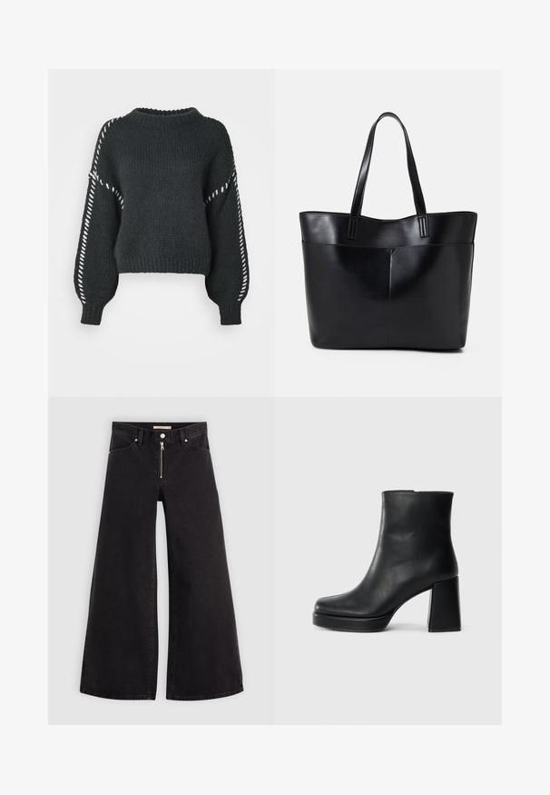 Vero Moda VMFENG ciemnoszary; Jeans o szerokich nogawkach w czarnym denienie z zamkiem błyskawicznym z przodu, pięcioma kieszeniami i subtelnymi detalami przeszycia. Gładka tekstura i swobodny styl.; Czarne skórzane botki za kostkę z blokowym obcasem i platformą, widok z boku na białym tle.; Czarna skórzana torba na ramię z dwoma długimi uchwytami, gładką teksturą i sztywną formą. Posiada przednią kieszeń dla dodatkowego przechowywania.