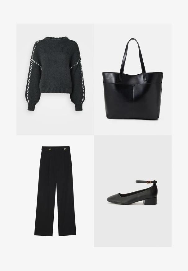 Vero Moda VMFENG O NECK - Camisola - asphalt; Calças largas pretas com cintura alta, detalhes em botão na cintura e pregas frontais.; Sandal de pele preta com bico pontiagudo e um salto bloco baixo. Apresenta uma tira no tornozelo com uma fivela em tom dourado. Textura suave.; Bolsa tote preta em couro com duas alças longas, textura suave e forma estruturada. Apresenta um bolso frontal para armazenamento adicional.