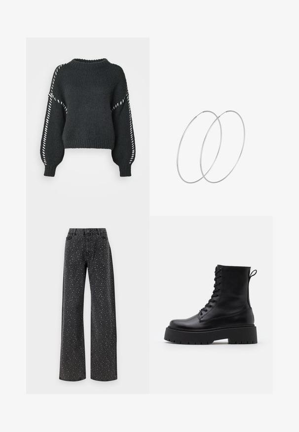 Vero Moda VMFENG O NECK - Vesta - asphalt; Noisy May NMJANNEL LOOSE - Traperice opuštenog kroja - black denim; Crne kožne gležnjače s okruglim vrhom, vezanjem sprijeda i debelim gumenim potplatom s teksturiranim uzorkom. Tipa: traka za vuču na stražnjoj strani.; Srebrne okrugle naušnice s minimalističkim dizajnom. Kružni oblik, glatka tekstura i tanak profil. Lagane s poliranim završetkom.