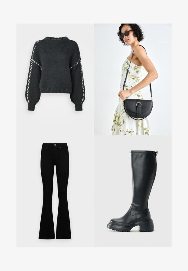 Vero Moda VMFENG O NECK - Pulover - asphalt; Jeans negri cu talie înaltă, cu închidere prin nasture și fermoar, buzunare frontale și picioare evazate, așezați pe un fundal alb.; Cizme lungi din piele neagră cu talpă platformă masivă și tocul pătrat, având un tab de tragere și un model texturat pe talpa exterioară.; Geantă din piele neagră, cu o formă curbată, curea detașabilă și accesorii aurii. Geanta are un capac cu un detaliu tip cataramă.