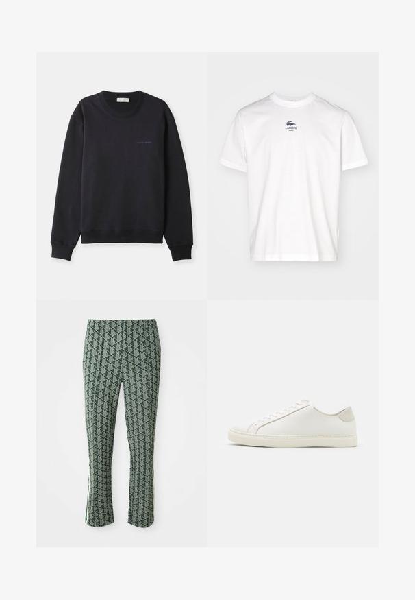 Sweatshirt bleu marine en coton doux, avec un col rond, des manches longues et un petit logo "Tiger of Sweden" en bleu contrastant.; T-shirt en coton blanc à manches courtes, arborant un petit logo bleu Lacoste et le texte "PARIS" sur la poitrine. Design classique à col rond.; Pantalon vert ajusté avec motif géométrique blanc et détails de rayure sur le côté, présenté sur fond blanc.; Baskets en cuir blanc avec une surface lisse, bout rond et design minimaliste. Présentent des accents beiges sur le talon et une semelle en caoutchouc.