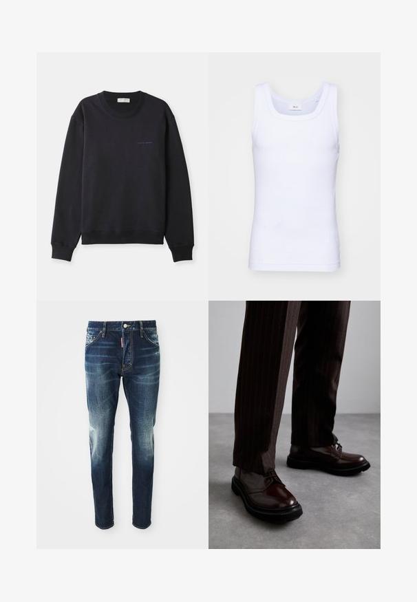 Sötétkék pulóver, puha pamutból készült, kerek nyakkivágással, hosszú ujjal és egy kis, kontrasztos kék "Tiger of Sweden" logóval.; Fehér pamut ujjatlan trikó kerek nyakkivágással, sima textúrával és testhezálló fazonnal, amelyet hétköznapi viseletre terveztek.; Sötétkék farmernadrág slim fit szabással, elhasználódott területekkel a combokon és a térdeken, öt zsebbel és fém gombos záródással.; Barna bőrből készült, fényezett felületű, fűzős cipők, fekete gumitalppal és diszkrét varrásokkal. Csíkos barna nadrággal viselve.