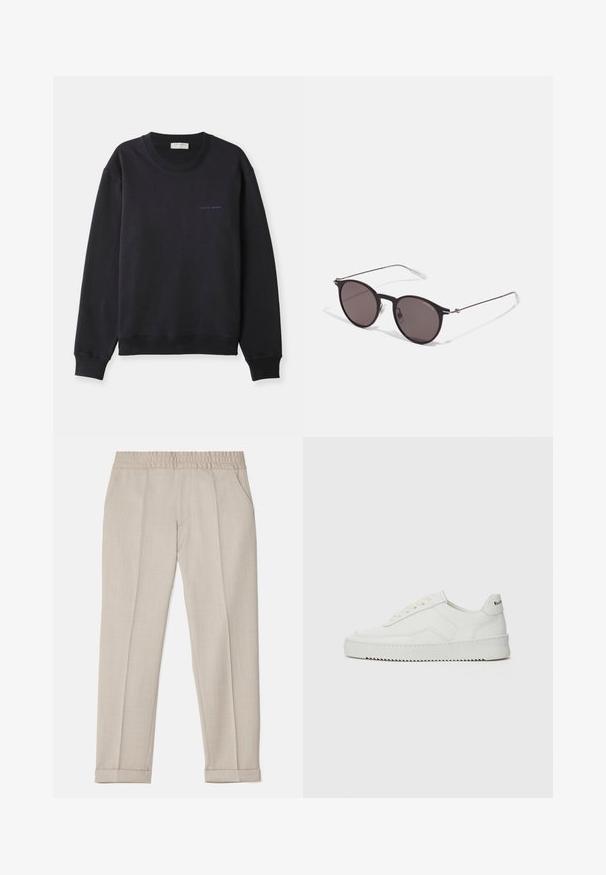 Sweatshirt bleu marine en coton doux, avec un col rond, des manches longues et un petit logo "Tiger of Sweden" en bleu contrastant.; Filippa K TERRY CROPPED TROUSERS - Pantalon classique - sage melange; Baskets en cuir blanc avec une finition lisse, bout arrondi, lacets plats et semelle texturée. Présente un logo discret sur le talon.; Lunettes de soleil noires rondes avec verres sombres et branches en métal fines. Comprend des embouts transparents et des accents argentés au niveau de la charnière. Design minimaliste.